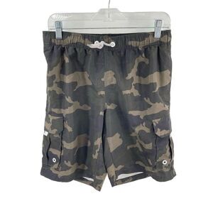 Mens swimsuit swim trunks small camo camouflage cargo pockets olive green elasti
